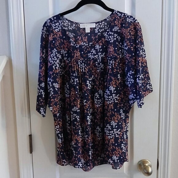 Michael Kors navy and pink floral sheer blouse with short sleeves size medium - Picture 1 of 5